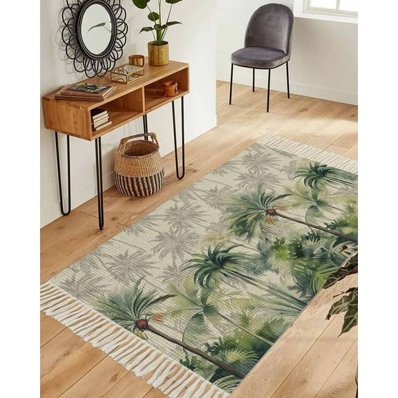 Summer Tropical Leaves Area Rug 3x5ft Woven Runner Rug,Green Palm Trees Botanical Washable Living Room Hallway Bedroom Kitchen Carpet with Tassels,Indoor Outdoor Throw Door Mat for Entryway