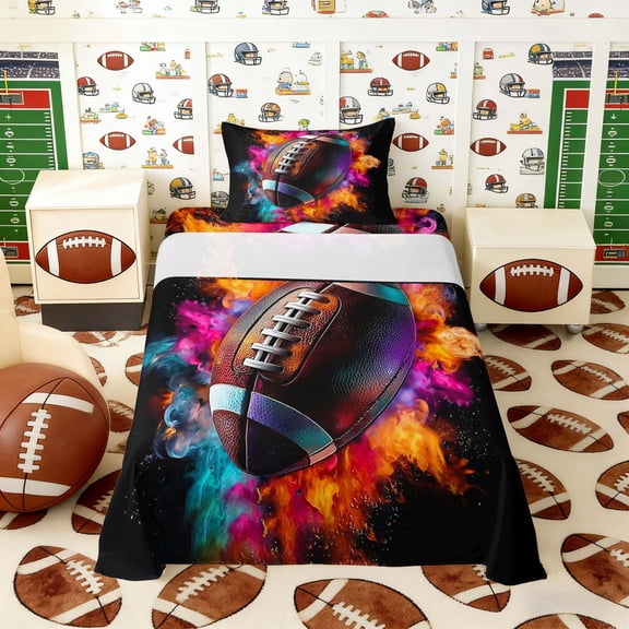 Erosebridal Colorful Fire Football Twin Sheet Sets, Sport Bedding for Boys and Men, 3 Pieces, 1 Flat Sheet, 1 Fitted Sheet and 1 Pillowcase