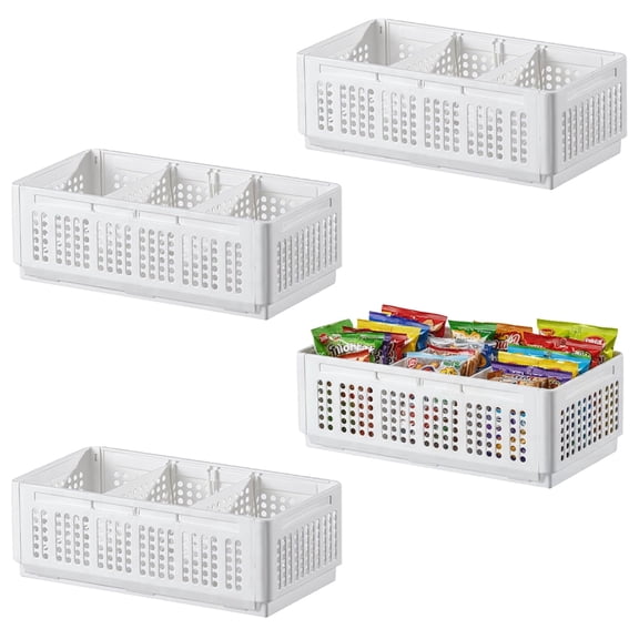 Brabtod 4-Pack Plastic Storage Baskets with 2 Removable Dividers, Stackable Pantry Organizer Bins for Snacks, Spices, Cosmetics & Office Supplies - BPA-Free