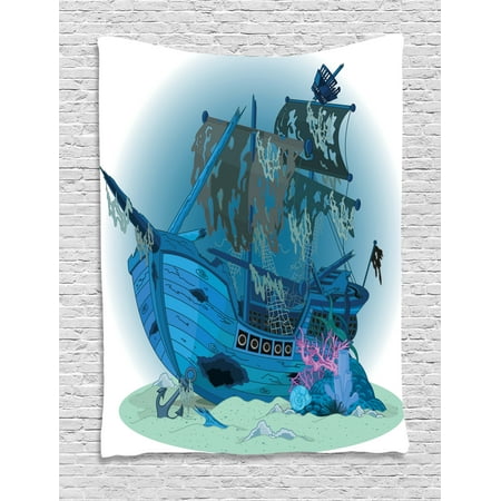 Pirate Ship Tapestry Sunken Old Wrecked Buccaneer Vessel Antique Aquatic Underwater View Wall Hanging For Bedroom Living Room Dorm Decor Blue