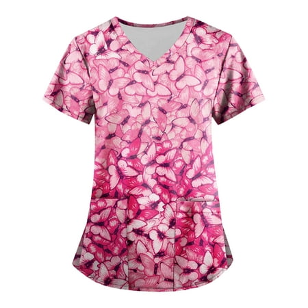 

Mlqidk Scrub Tops Women Floral Pattern Summer Cute Floral Print Short Sleeve V Neck T Shirts Stretchy Nursing Uniform Tops with Pockets Pink XXXXL