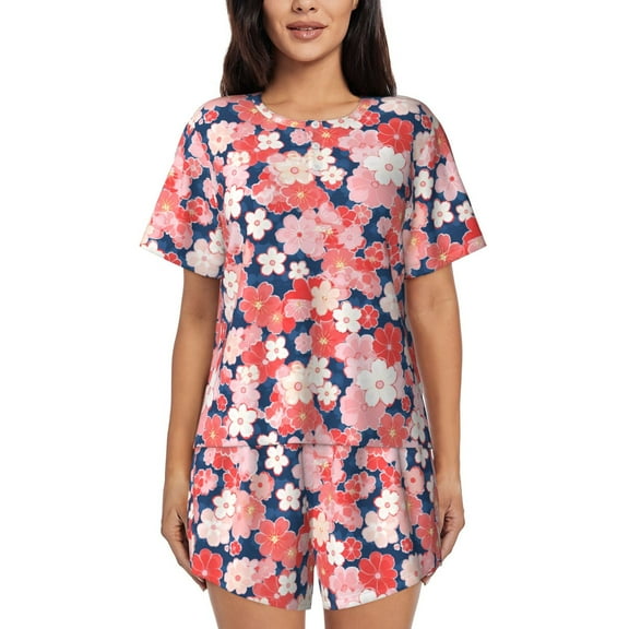 Logiee Japanese Cherry Blossoms Print Womens Pajamas Set,Short-Sleeve Pajama 2 Piece Sleepwear with Pockets-Small