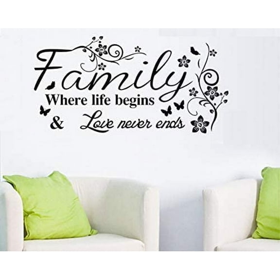 Wall Stickers Vinyl Sherry Wall Decal Words Quote Wall Art Sticker Home Decor Living Room Decor Family Where Life Begins and Love Never Ends for Bedroom Living Room 39.3 x 15.7 in (Black)