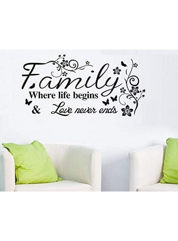 Wall Stickers Vinyl Sherry Wall Decal Words Quote Wall Art Sticker Home Decor Living Room Decor Family Where Life Begins and Love Never Ends for Bedroom Living Room 39.3 x 15.7 in (Black)