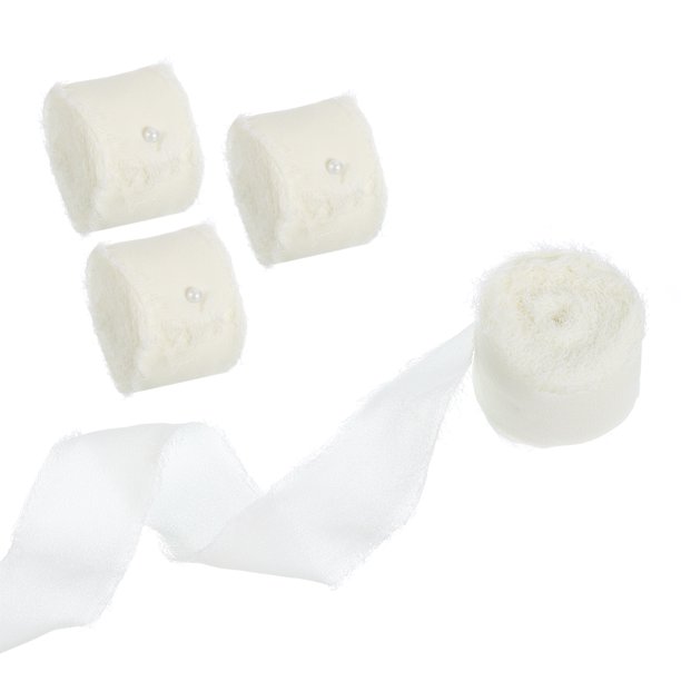 4 Rollos Gasa Cinta 1" x 5.5 Yardas Mano Hecho Flecos Gasa Seda Cinta para Ramos Regalos Envolturas Bodas Invitaciones Bricolaje Artesanías, Blanco
