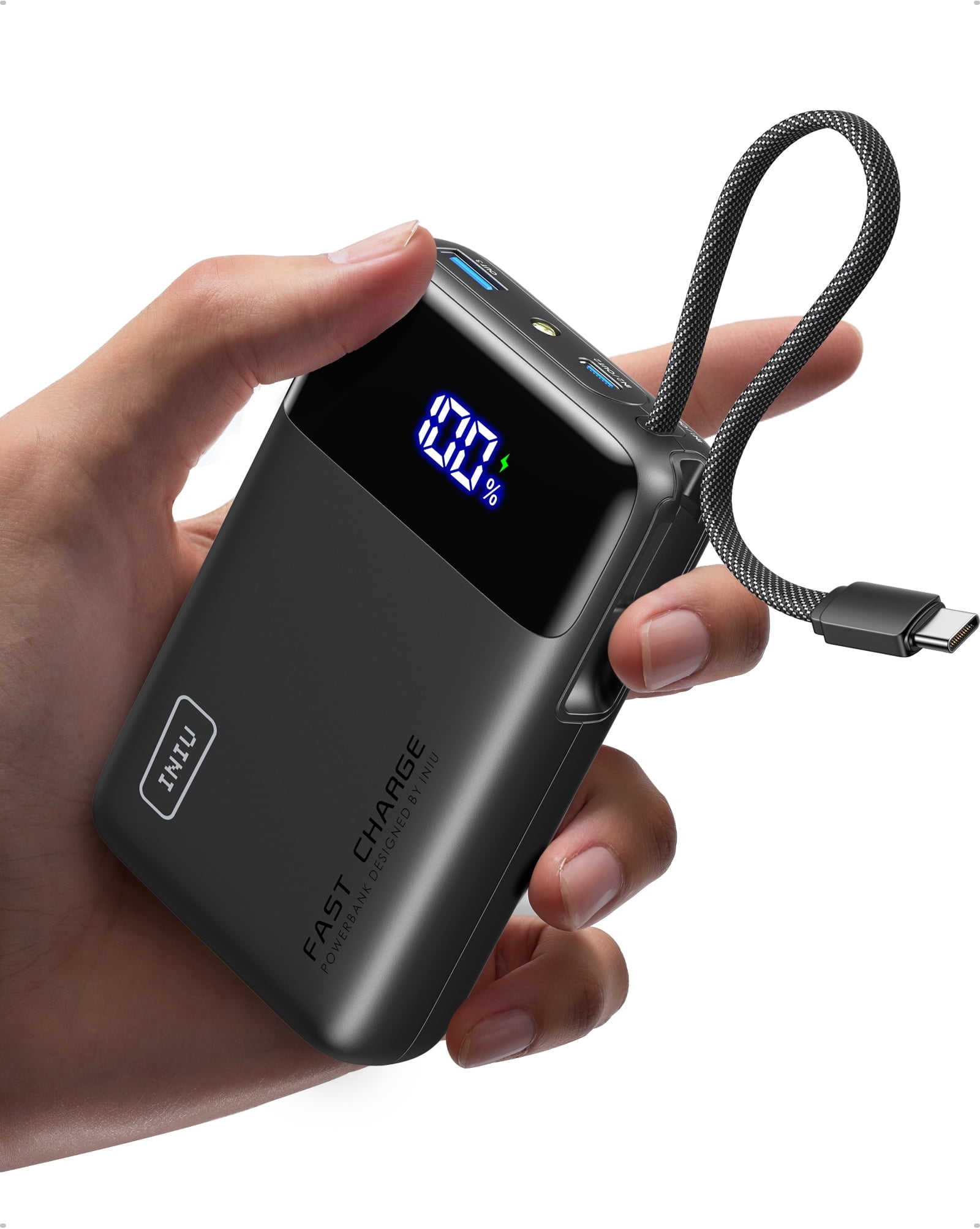 INIU 20,000 mAh Portable Power Bank with Built-in Cables, 45W Fast Portable Charger with USB-C, Battery Pack with LED Display Compatible with iPhone and Android Phone,Hiking,Travel Essentials,Black