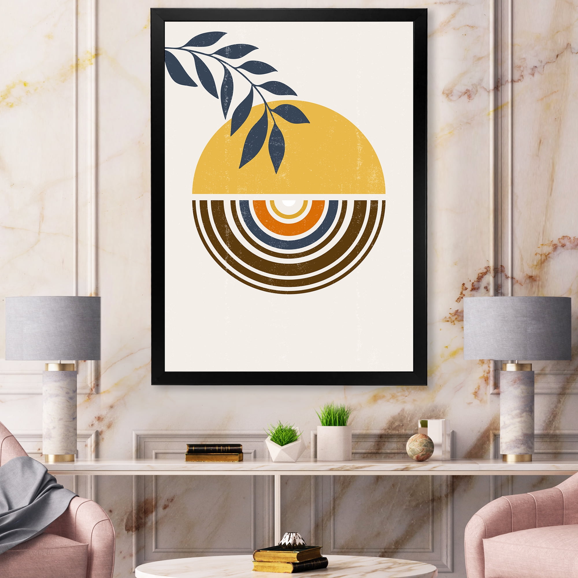Designart 'Abstract Sun and Moon Leaves ' Modern Framed Art Print