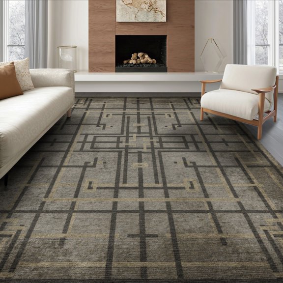 ODIKA 8'x10' Washable Area Rug Non-Slip Chair-Friendly Mat Grey Motif Under Symmetrical Abstract Pile Pixel Short Geometric for Dining Room, Large Office, Lounge