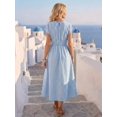 thumbnail image 2 of Womens Blue And White Striped Ruched Waist Midi Dress Summer Vacation, 2 of 9