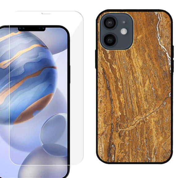 Slim-Fit Protective Phone Case (Black) compatible with iPhone 12 / iPhone 12 Pro, with Tempered Glass Screen Protector, by OneToughShield ® - Marble / Earth