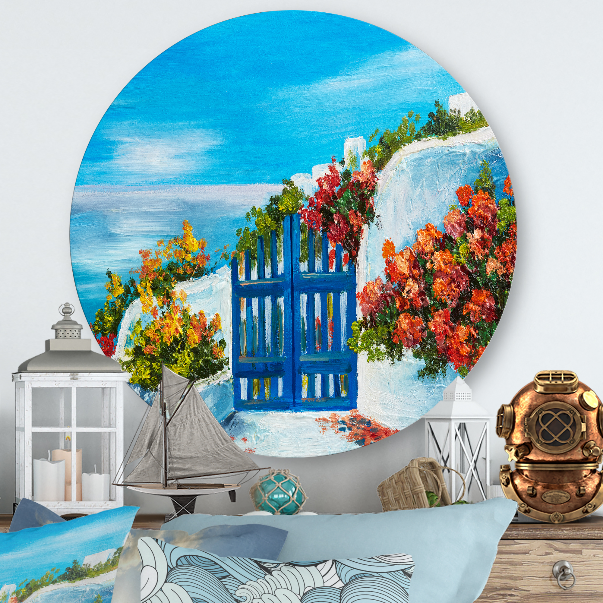 Designart 'House With Colorful Flowers Near The Sea III' Nautical & Coastal Circle Metal Wall Art 23x23 - Disc of 23