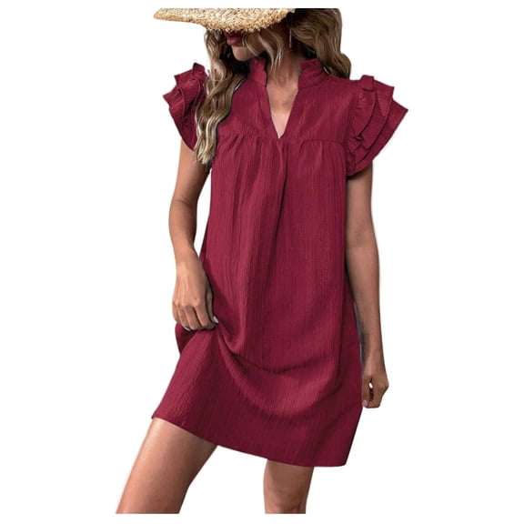biudgviw Casual Dresses for Women Ruffle Cap Short Sleeve Midi Dress Textured V Neck Beach Vacation Short Sundress Trendy Clothes