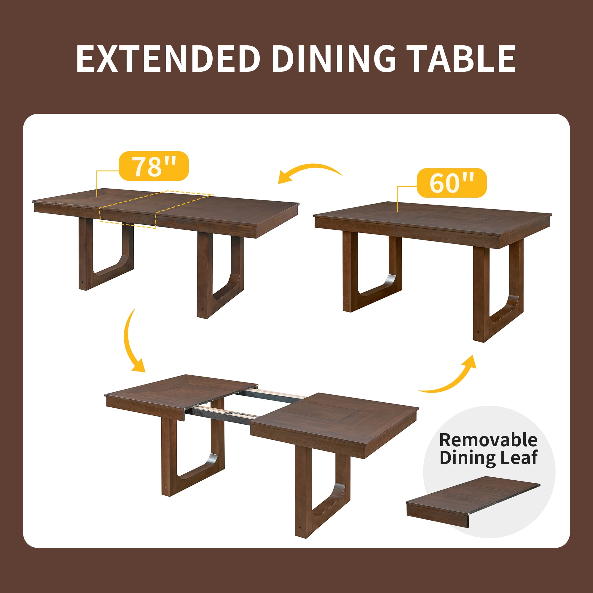 Euroco 7-Piece Wooden Dining Table Set,78" Extendable Dining Table & Chairs Set with 18" Leaf for 6-8,Farmhouse Kitchen Table Set for Dining Room,Brown