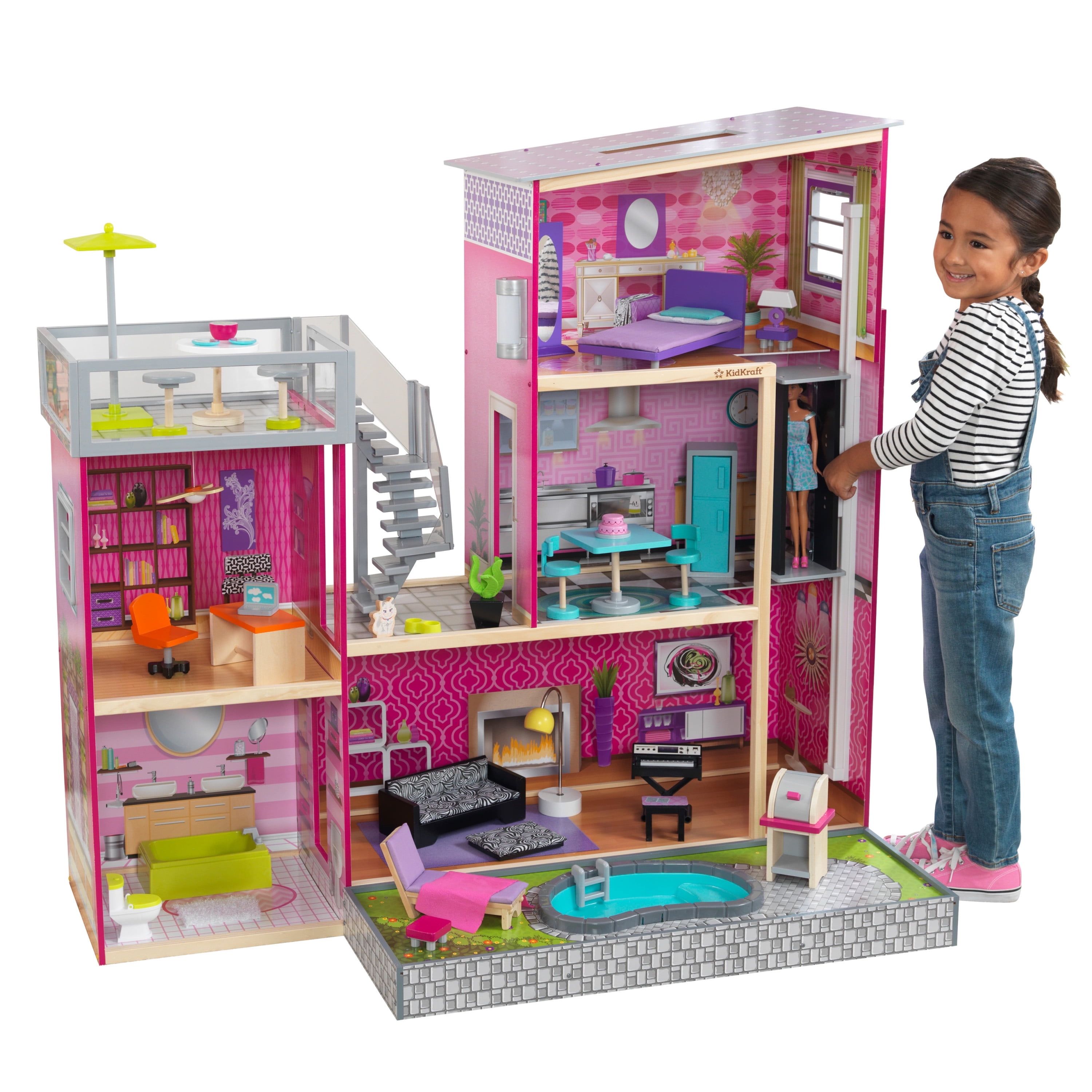 kids wooden dolls house 115cm tall 3 story play house with lift and furniture 