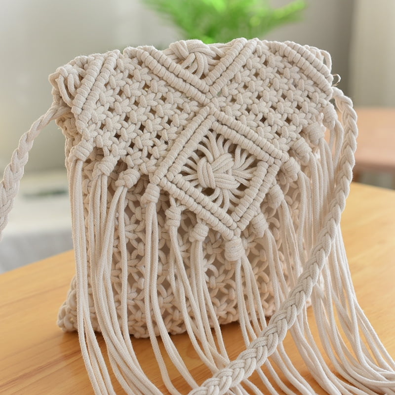 Handwoven Cotton Straw Shoulder Bag Crochet Tassel Beach Bohemian Purse for Women Mini Bag white