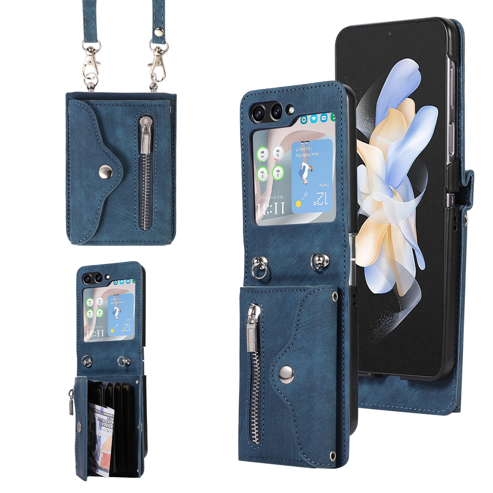 Elehold Luxury Leather Wallet Case for Samsung Galaxy Z Flip 5,with Card Slots Zipper Pocket Adjustable Crossbody Shoulder Strap Shockproof Purse