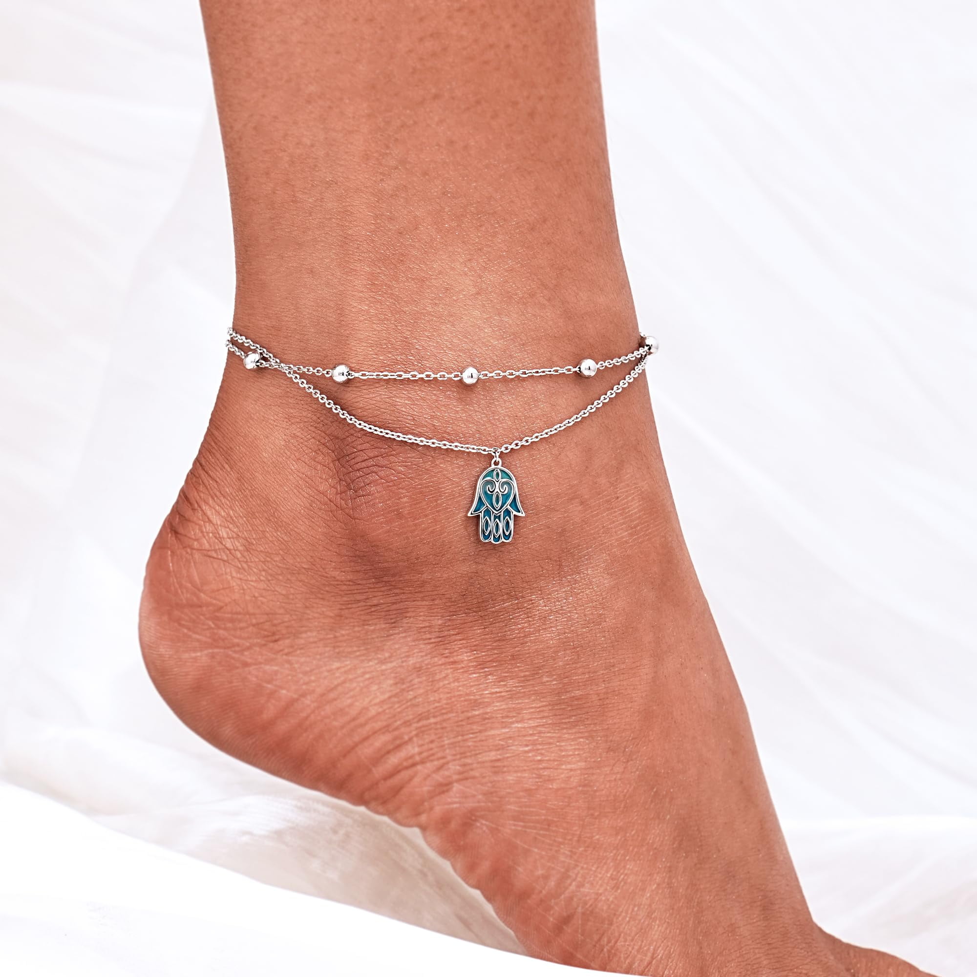 Hamsa Anklet 925 Sterling Silver Boho Ankle Bracelet for Women Dainty Evil Eye Foot Chains Adjustable Beach Hamsa Hand Layered Anklet Jewelry 11 Inches