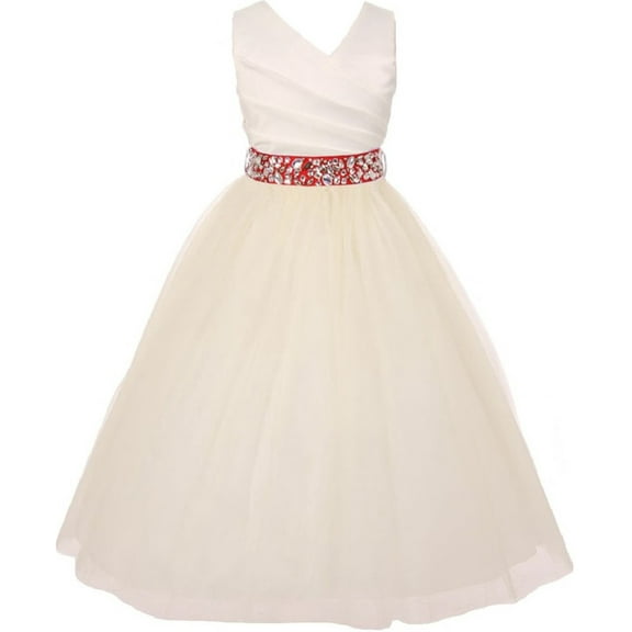 Elegant V Neck Rhinestone Belt Big Girl Flower Girls Dresses Ivory Red 14
