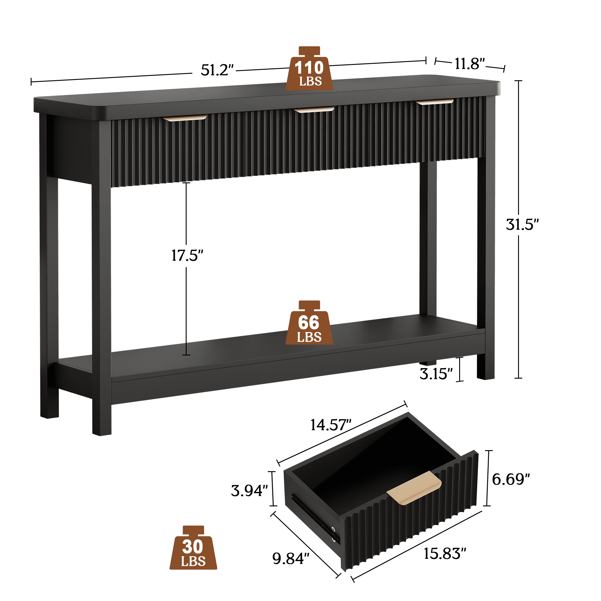 Laintene Console Table for Entryway, 51" Fluted Sofa Table with 3 Drawers and Open Shelf, Modern Narrow Display Shelf for Hallway Living Room, Black Set of 2