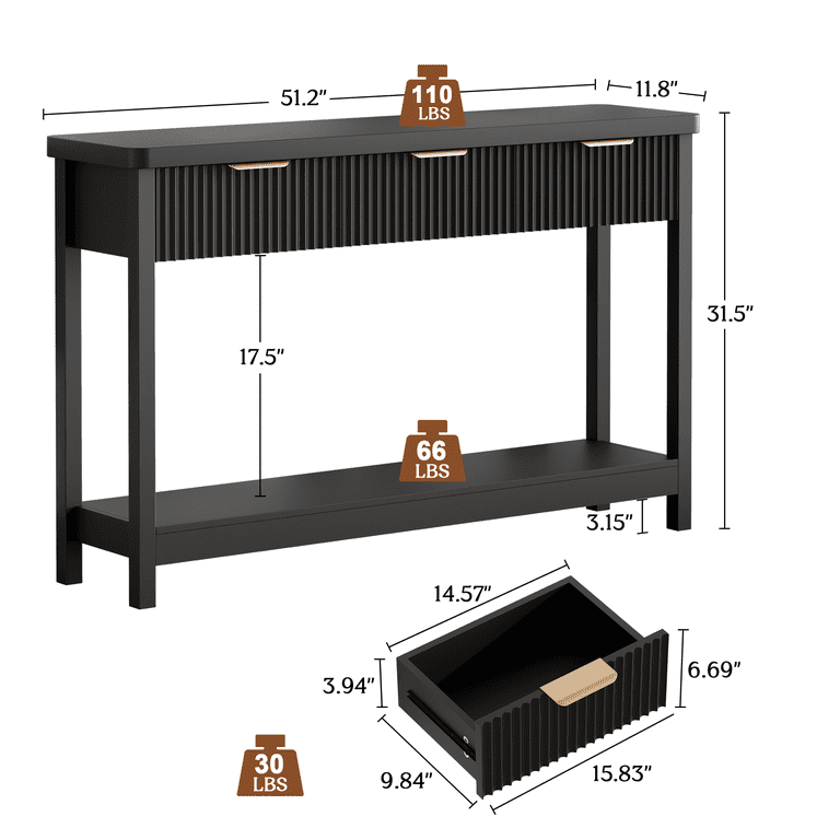 Aufeile 51" Console Table with Fluted Design and Drawers, Black photo 8