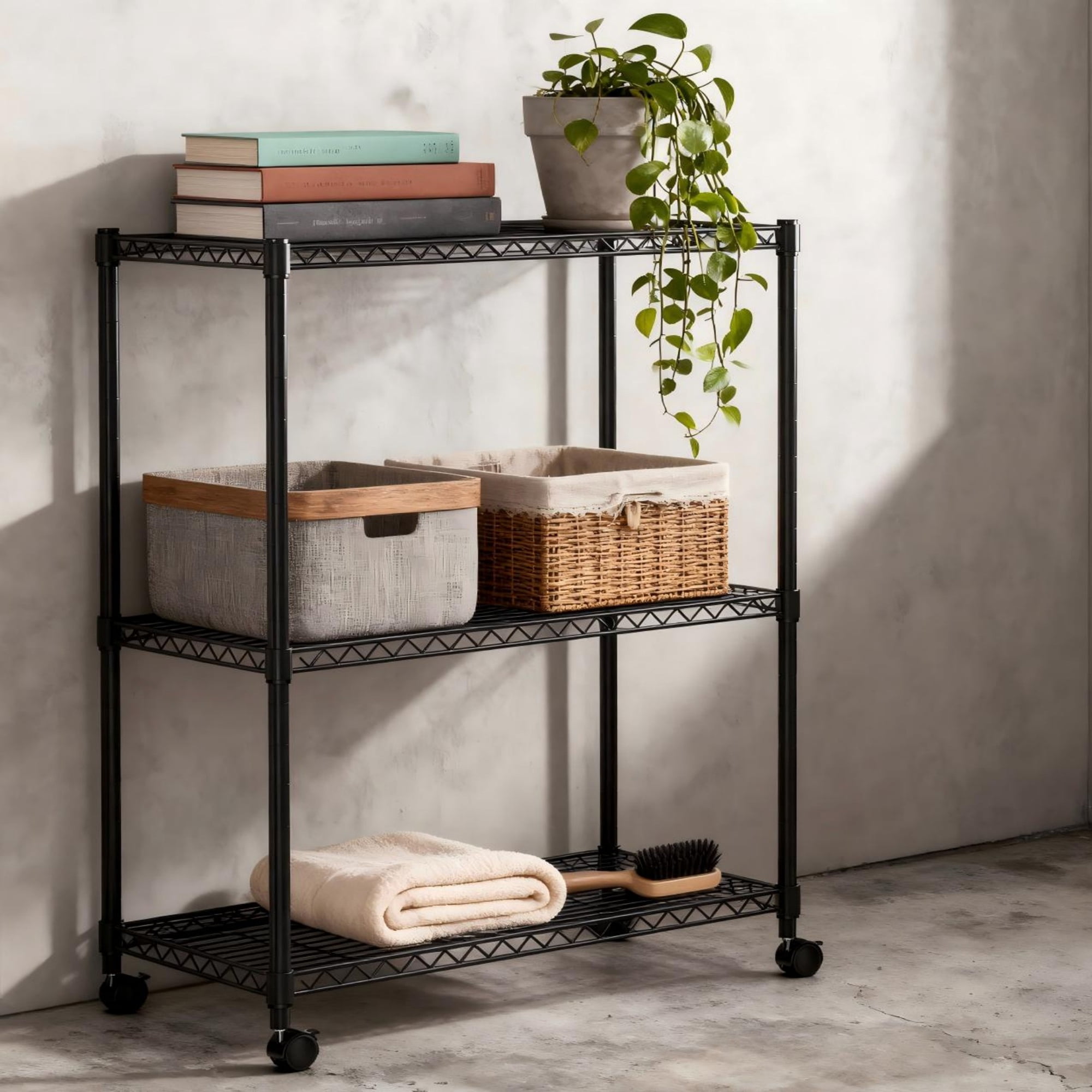 Jopath 3-Tier Shelving Storage Shelves,Steel Organizer Wire Rack with Wheels,Adjustable Storage Units,23" W x 13" D x 30" H,Black