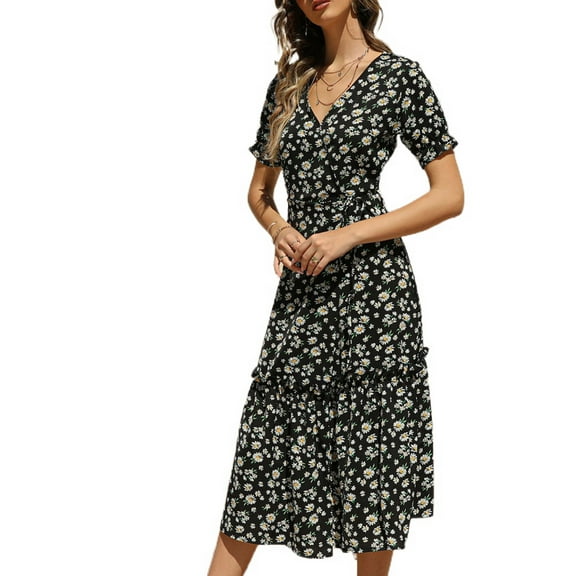 SWSMCLT Women's Long Beach Casual Dresses Summer Dress Short Sleeve Sundress V Neck Boho Ruffle Fall Chiffon Black Medium