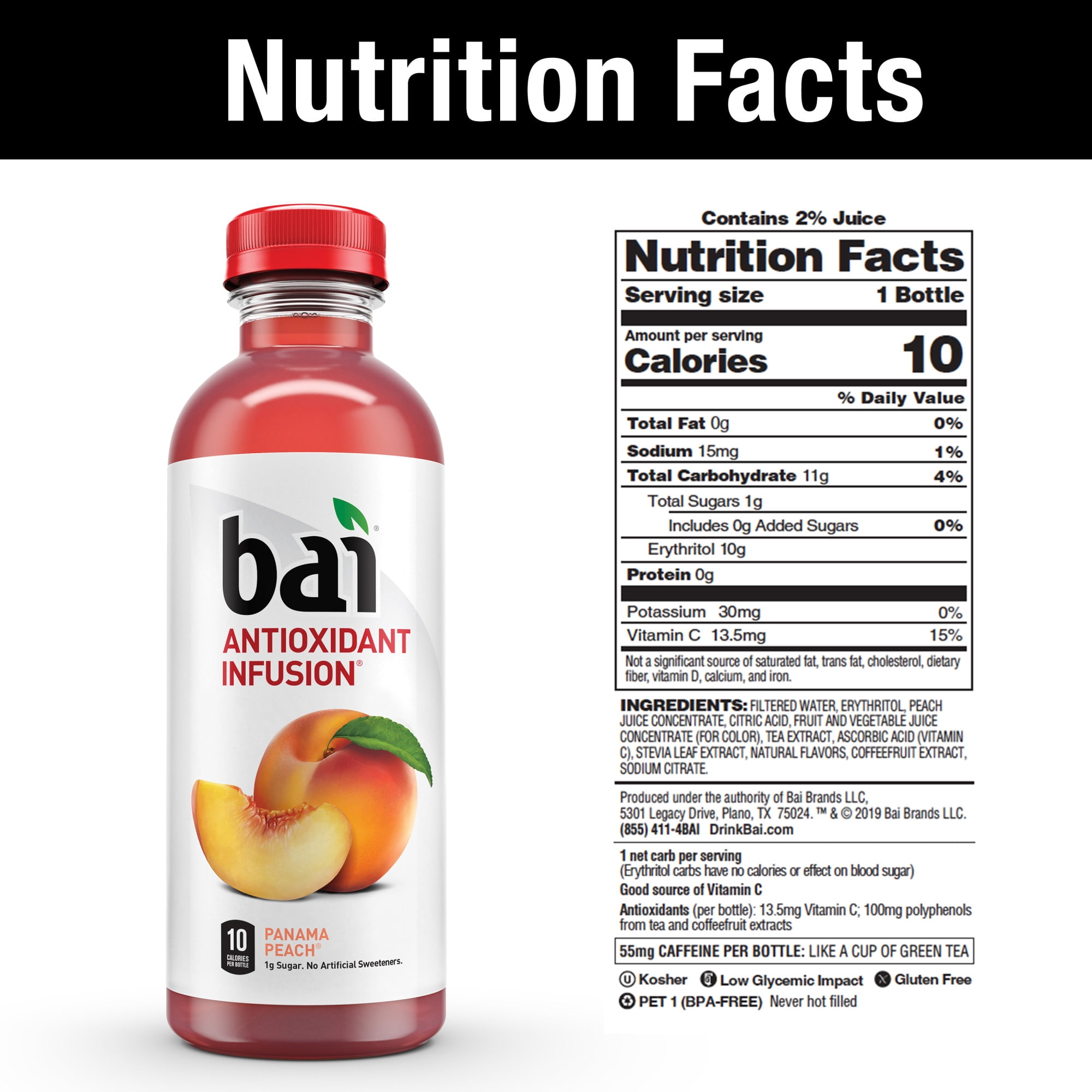 Bai Gluten-Free, Panama Peach, Antioxidant Infused Drink, 18 Fl Oz, 12 Pack Bottles