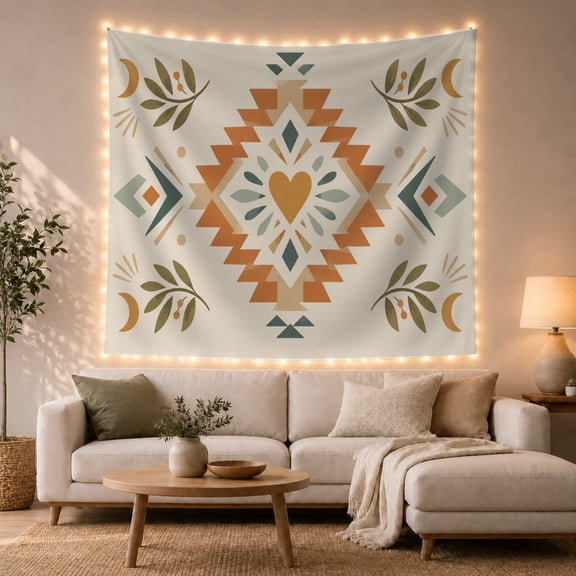 Geometric Heart with Olive Branch Sprigs on Cream Base, Cozy Folk Art for Home Decor Enthusiasts, Folk Inspired Wall Art, Housewarming Gift, Tapestry Wall Hanging for Living Room and Bedroom