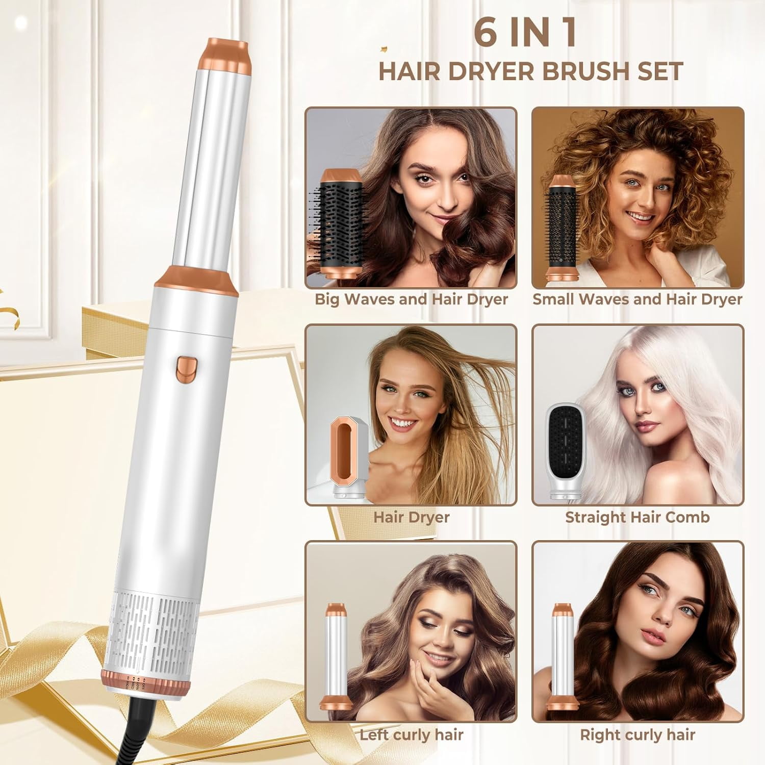 6-in-1 Professional Hot Air Styler Kit - Complete Hair Dryer Brush Set with Negative Ions, Auto-Curlers & Smoothing Brushes for All Hair Types (Black)