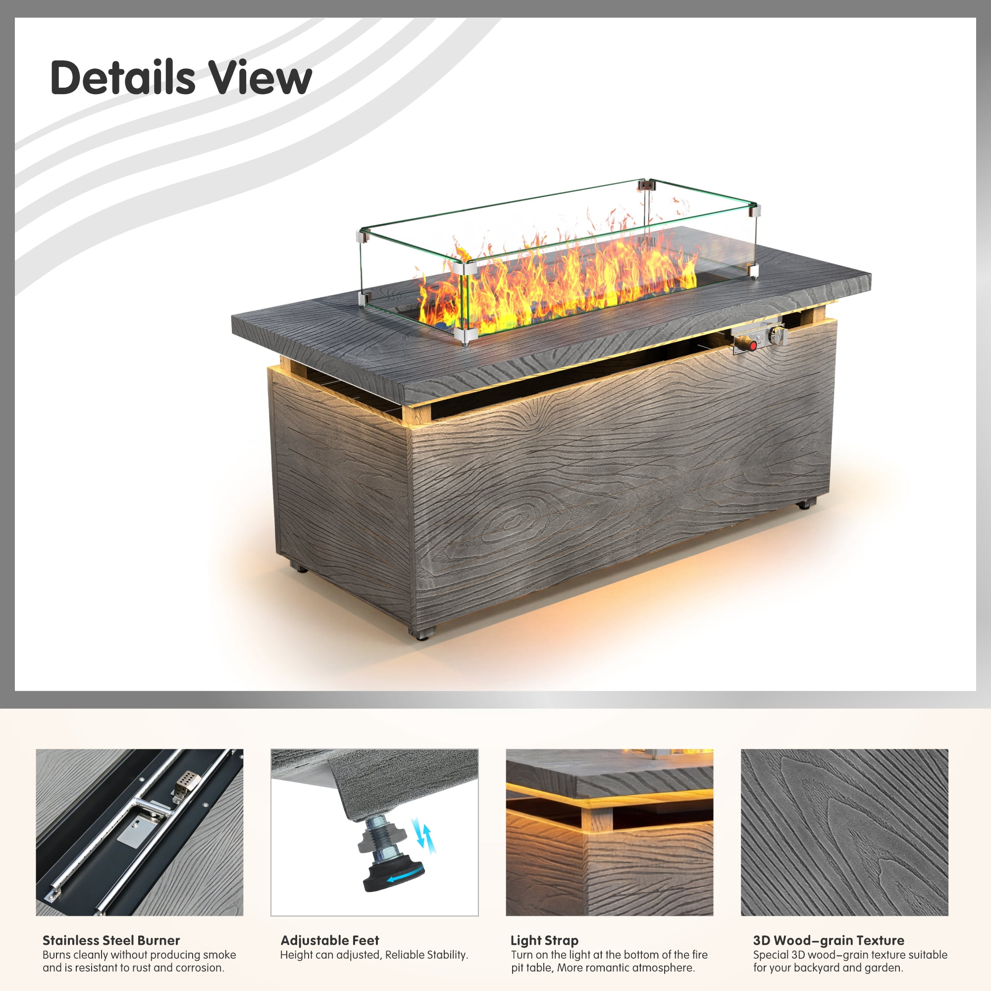 51 in. Propane Rectangular Fire Pit Table with LED Light, 50,000 BTU Coating Steel Tabletop Fire Pit (Gray Wood Grain)