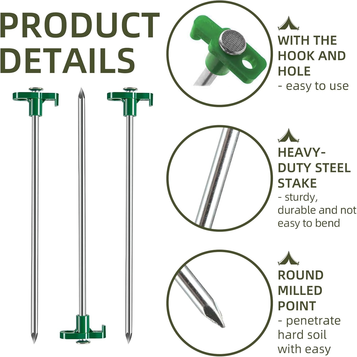 100 Pack Heavy Duty Metal Tent Stakes 10 Inch Green Camping Pegs for Ground Anchor Spikes