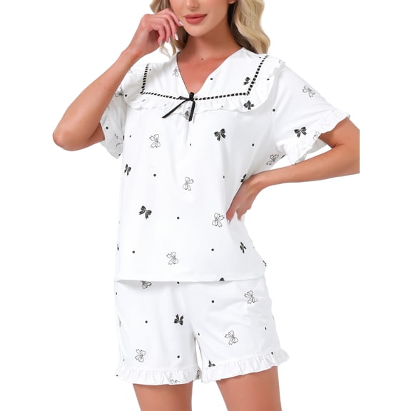 DARING DIVA Women's Loungewear Ruffle Babydoll Collared Cute Print Pajama Sets M Gray