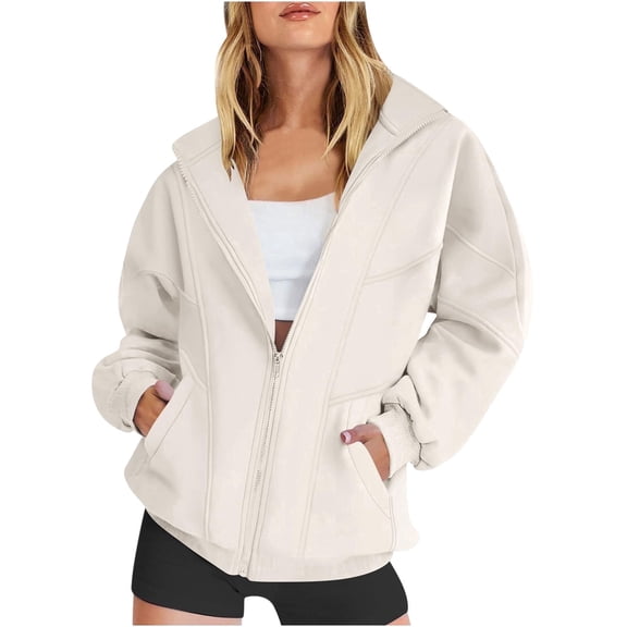 Womens Jackets Lightweight Casual No Hood Full Zipper Up Collar Sweatshirts Coats with Pockets Solid Long Sleeve Fleece Lined Warm Jacket