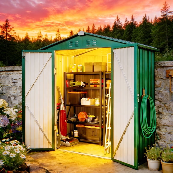 Metal Storage Shed 6 x 4 FT, Lofka Galvanized Metal Garden Shed with Double Lockable Doors, Outdoor Shed for Backyard Patio Lawn, Green