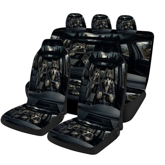 Verolix 5PCS Wolf Adventure Car Seat Covers, Dark Wilderness Road Trip Print Full Set Seat Covers, Mesh Fabric Auto Seat Protector for Cars SUVs Trucks Vans