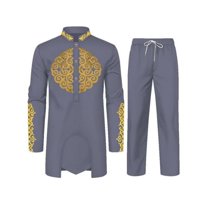 High Quality African Mens 2 Piece Set Long Sleeve Gold Embroidery Dashiki Shirt and Pants Outfit Traditional Suit WYN1913