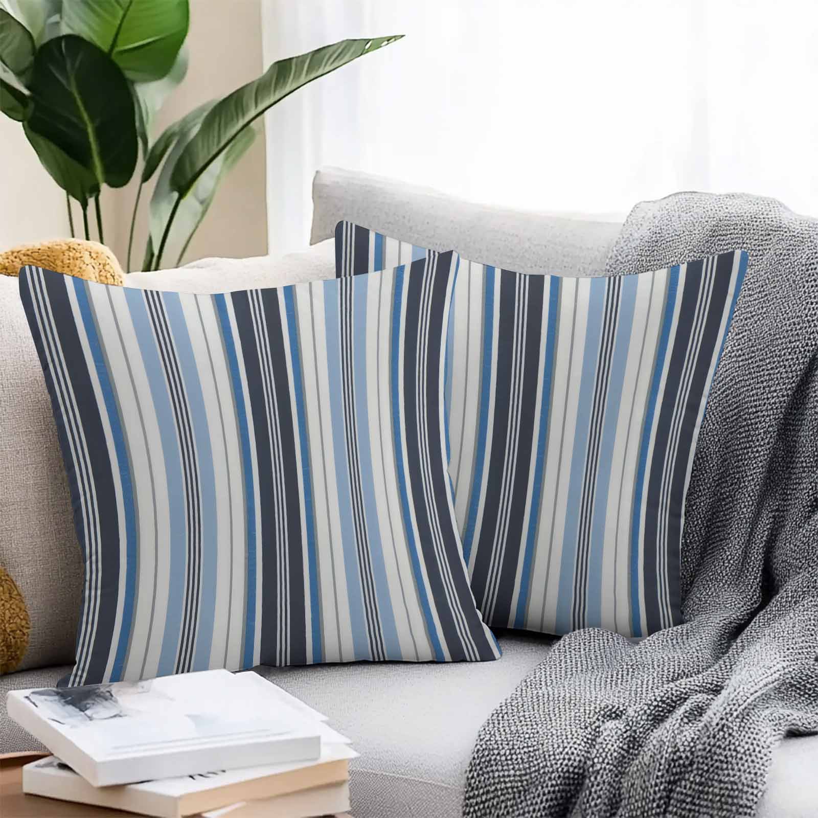 Vintage Stripes Outdoor Pillow Covers Set of 2 Blue Black Striped Abstract Lines Waterproof Throw Pillow Case Decorative Square Cushion Cover for Patio Couch Garden Balcony, 16"x16"