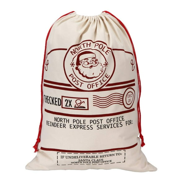 Leziazany Sac de Noël Sac de Père Noël Personnalisé Toile Grands Sacs de Père Noël Enfants Grands Sacs-Cadeaux de Noël avec Cordon de Serrage pour la Fête de Noël en Taille 19.5x27.5 Pouces (Northpole1)