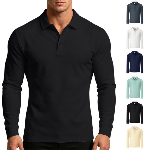 Xaqiouau Mens Solid Polyester Pique Collared Button Closure Slim Fit Long Sleeve Collared Top Business Casual Daily Commuter Basic Wear Everyday Outfits Black XXL