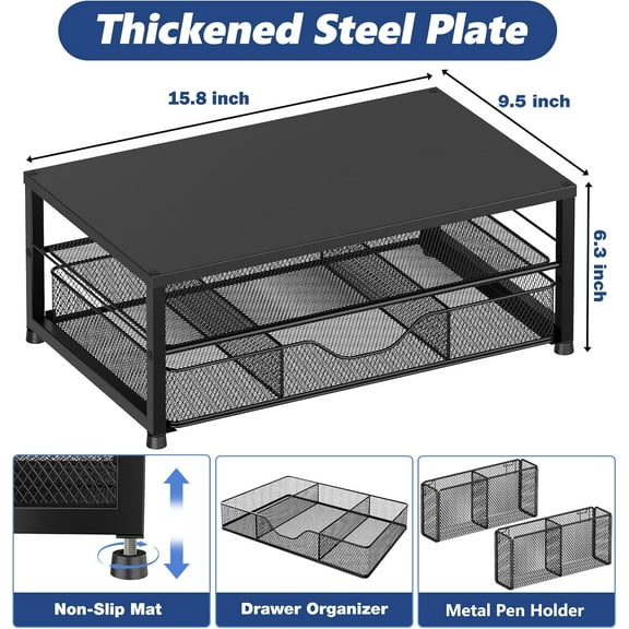 Desk Organizers and Accessories, 2-Tier Computer Monitor Stand with Drawer and 2 Pen Holders, Laptop Stand, Office Desk Accessories for Office Supplies, Rose Gold