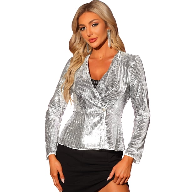 Chaqueta Brillante de Lentejuelas para Mujer Chaquetas de Fiesta de Manga Larga con 1 Botón Plata M