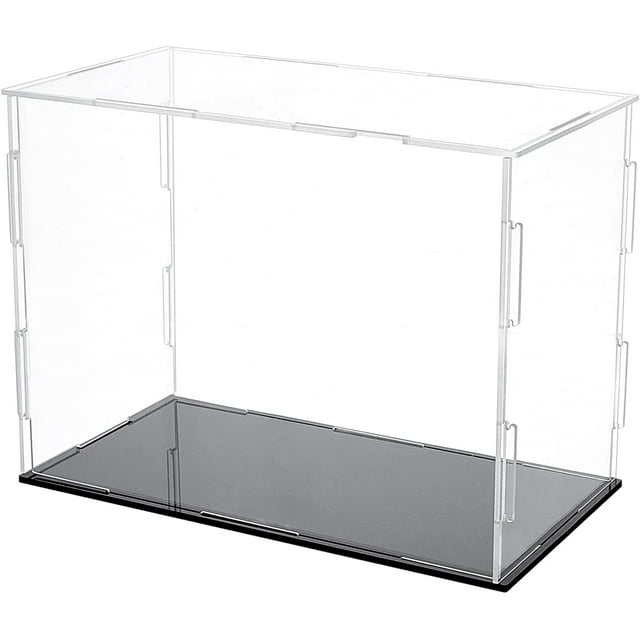 Caja acrílica con soporte negro y banda elástica. Cubo de 7,8 x 4 x 5,9 pulgadas. Vitrina acrílica transparente para coleccionables. Requiere montaje. Caja de mostrador a prueba de polvo.