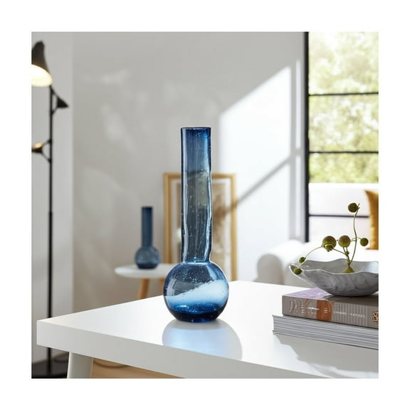 Modern Tall Glass Vase - Handcrafted Cylinder with Bubble Texture - Elegant Decorative Centerpiece for Home, Office & Living Room - 19" Blue