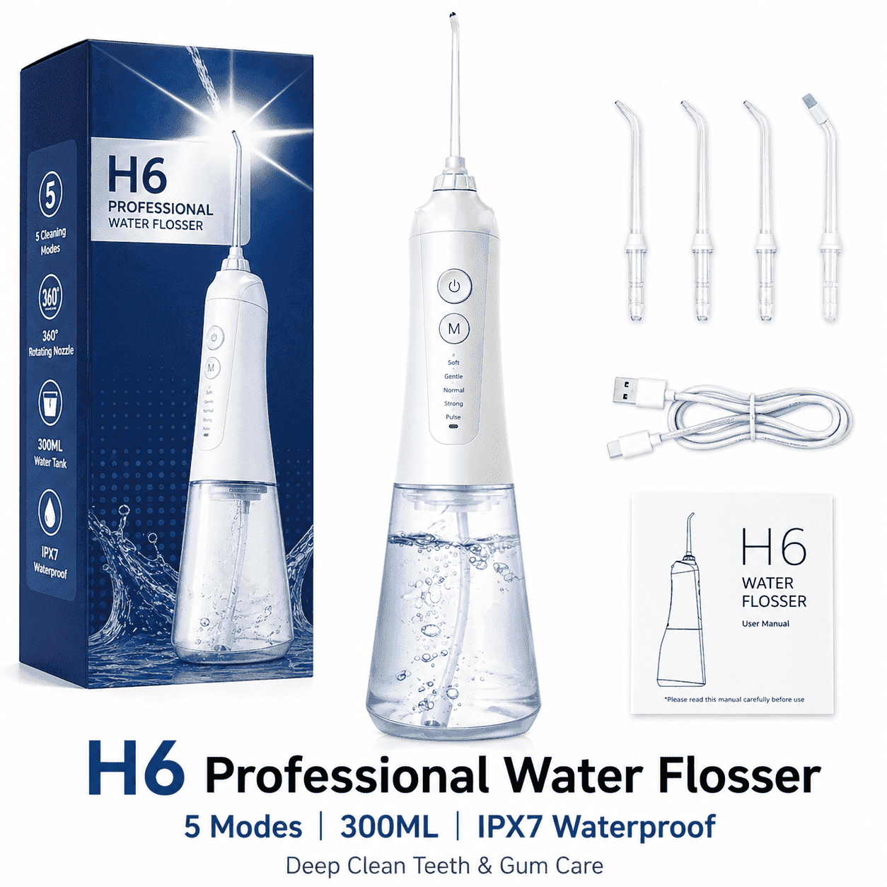 Freegrin Portable Cordless Water Flosser, 5 Modes, 300ml Tank, 35-Day Battery Life, IPX7 Waterproof, Oral Irrigator for Braces and Sensitive Gums