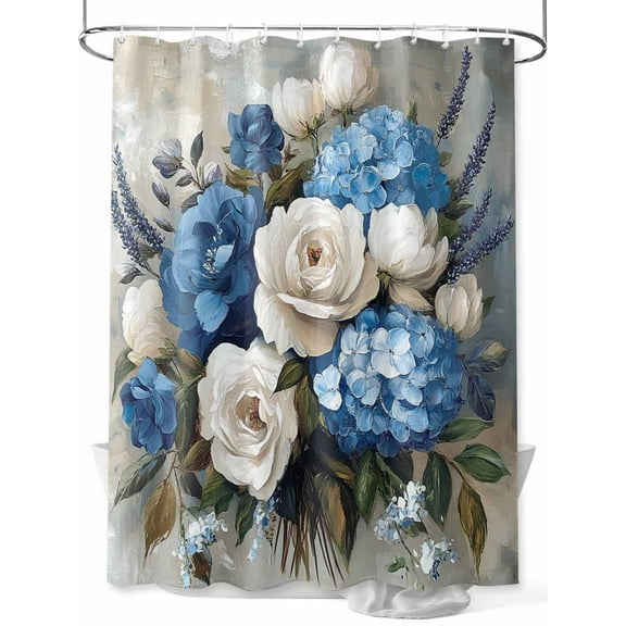 Fsddascl White Blue Spring Floral Shower Curtain Set - 72" x 78" Washable Bathtub Curtain with 12 Hooks, Pastoral Flowers Vintage Waterproof Fabric Stall Shower Curtains for Bathroom/Bathtub Décor