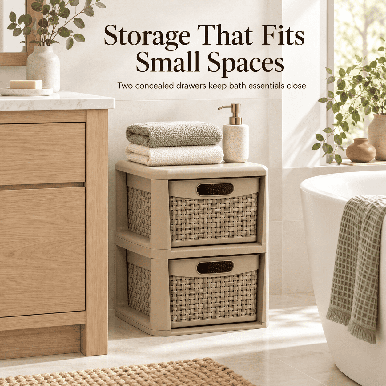 Furnibear 2-Drawer Storage Organizer with Wicker Patterns for Bedroom Bathroom Closet Living Room Nursery Clothes Storage, Brown