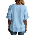 thumbnail image 4 of Womens Tops Summer Casual Fringe Distressed V Neck Shirts Short Sleeve Fringe Cotton Linen Blouses Edge Hem Sky Blue M, 4 of 6