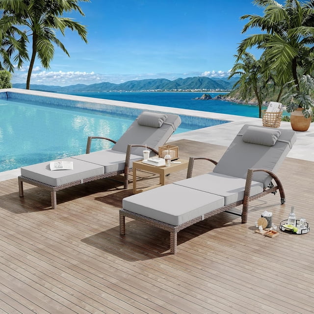 Outdoor Chaise Lounge Set of 2 Rattan Patio Folding Chaise Lounge Adjustable 5 Position Back Patio Pool Lounge Chair with Cushion Pillow for Poolside Backyard Deck Porch Gray