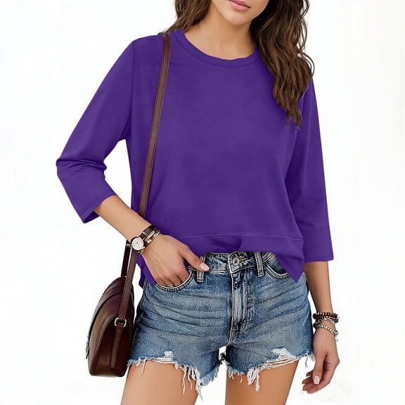 3/4 Seeve Tops for Women Oversized Crewneck Cotton Short Sleeve T Shirts Summer Casual Solid Plus Size Round Neck Loose Comfy Three Quarter Sleeve TShirt