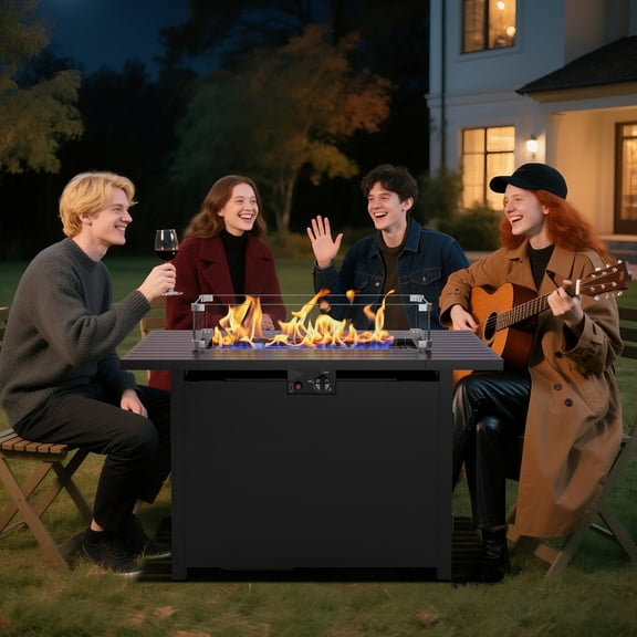 CozyHome 43" Outdoor Fire Pit Table 50,000 BTU Propane Patio Gas Firepit with Lid, Glass Shield & Waterproof Cover